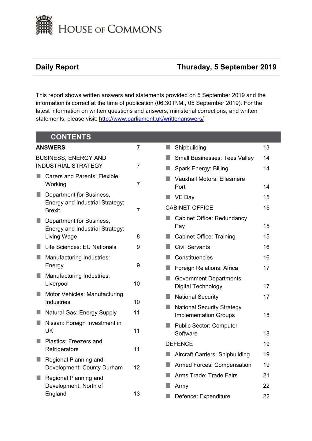 Daily Report Thursday, 5 September 2019 CONTENTS