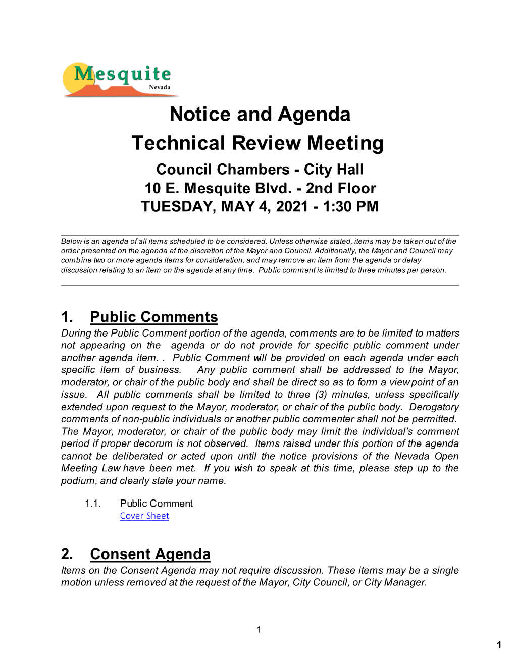 Notice and Agenda Technical Review Meeting Council Chambers - City Hall 10 E