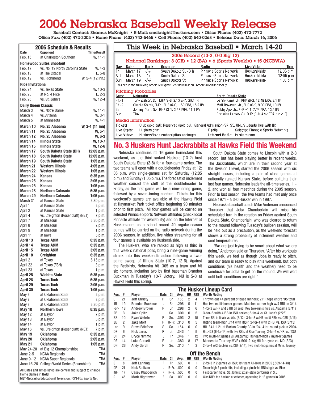 2006 Nebraska Baseball Weekly Release