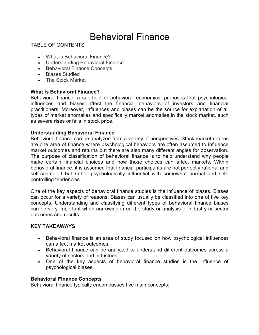 Behavioral Finance TABLE of CONTENTS