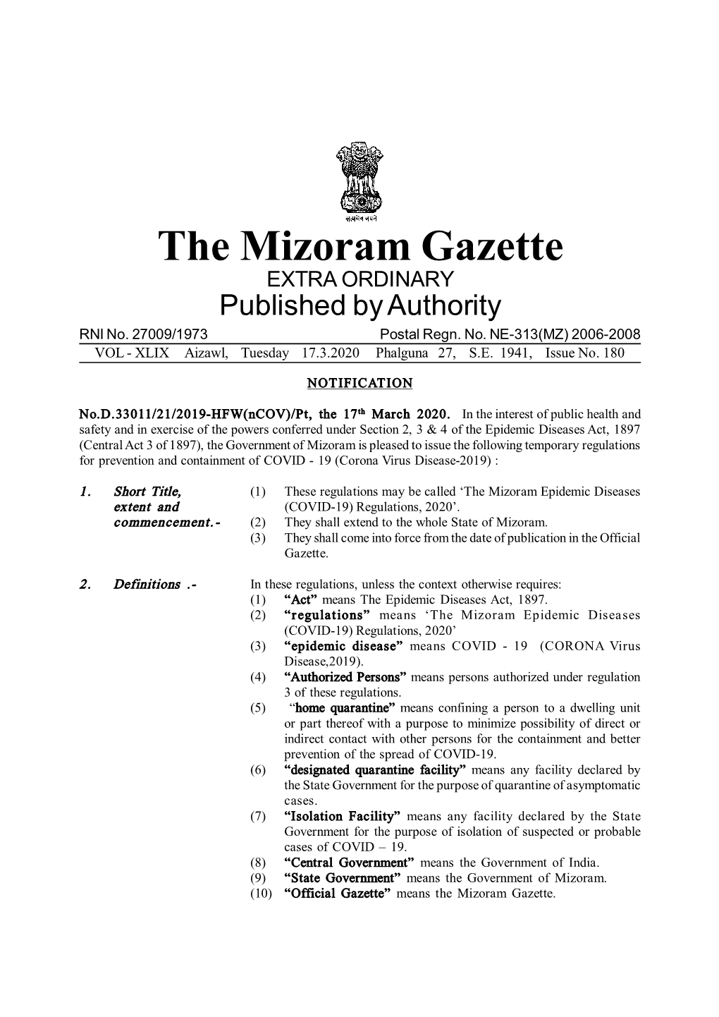 Mizoram Epidemic Diseases (COVID-19) Regulation 2020