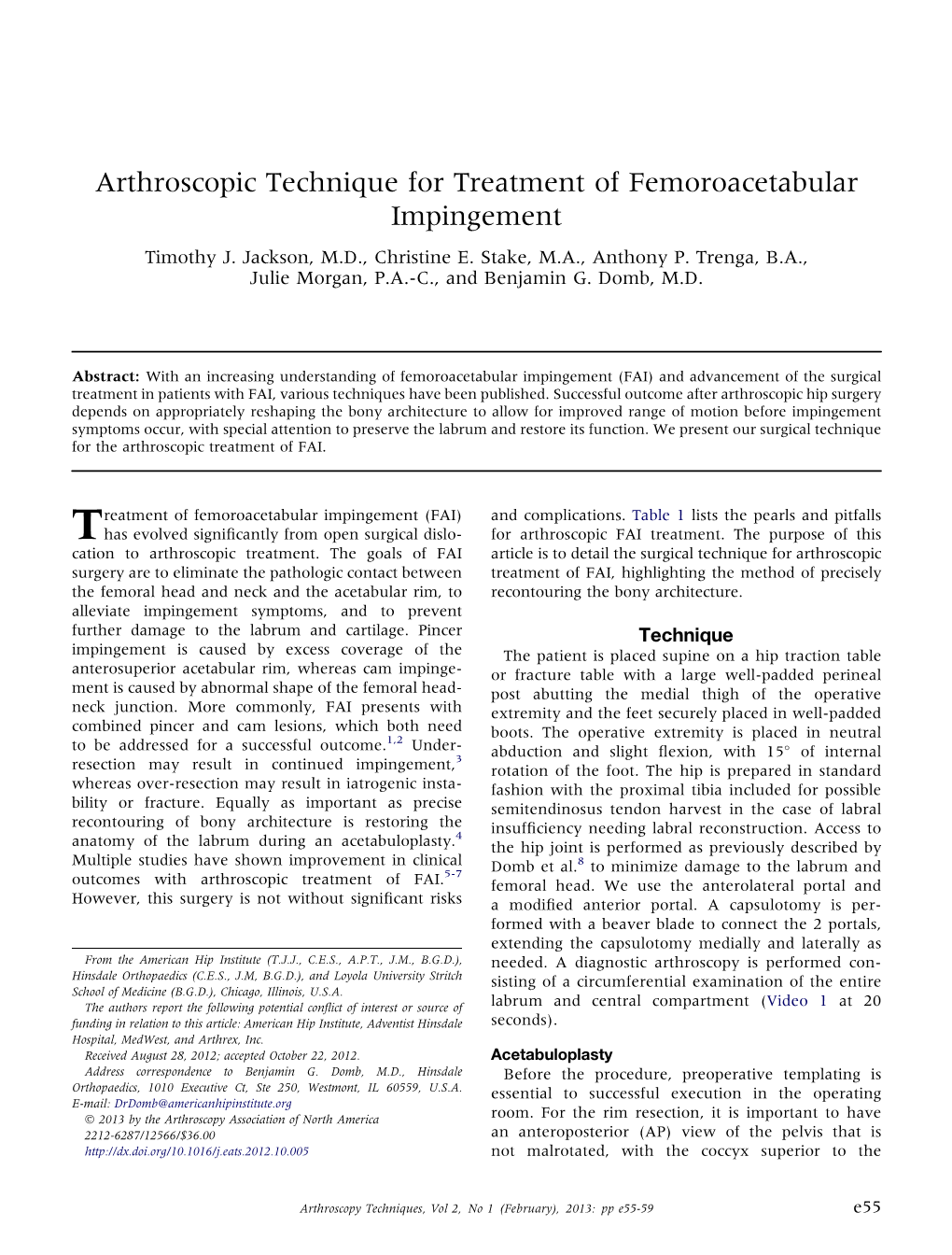 Arthroscopic Technique for Treatment of Femoroacetabular Impingement Timothy J