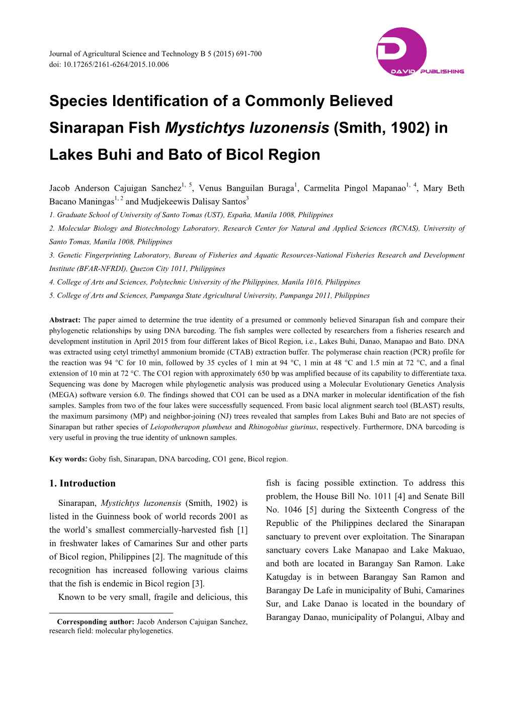 Species Identification of a Commonly Believed Sinarapan Fish Mystichtys Luzonensis (Smith, 1902) in Lakes Buhi and Bato of Bicol Region