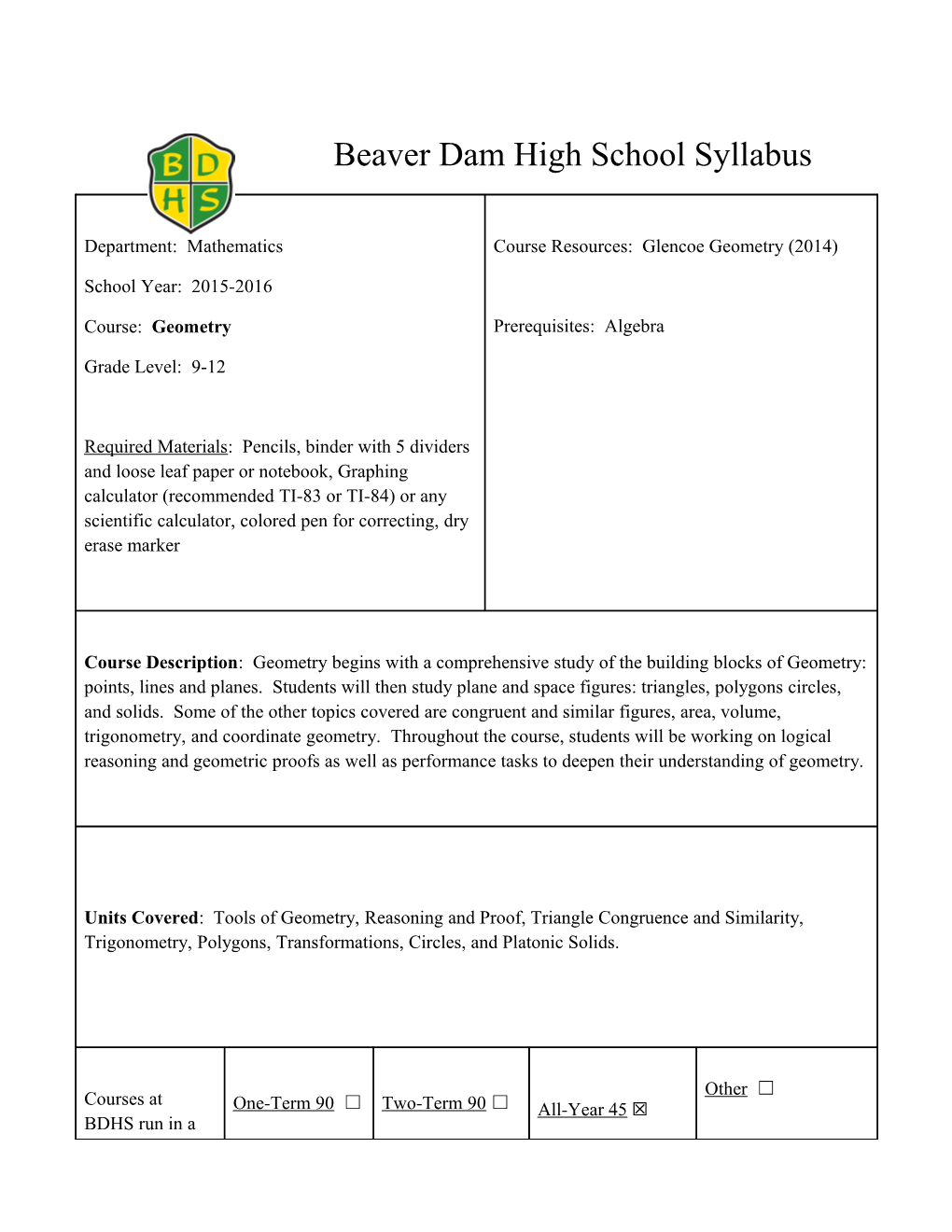 Beaver Dam High School Syllabus s1