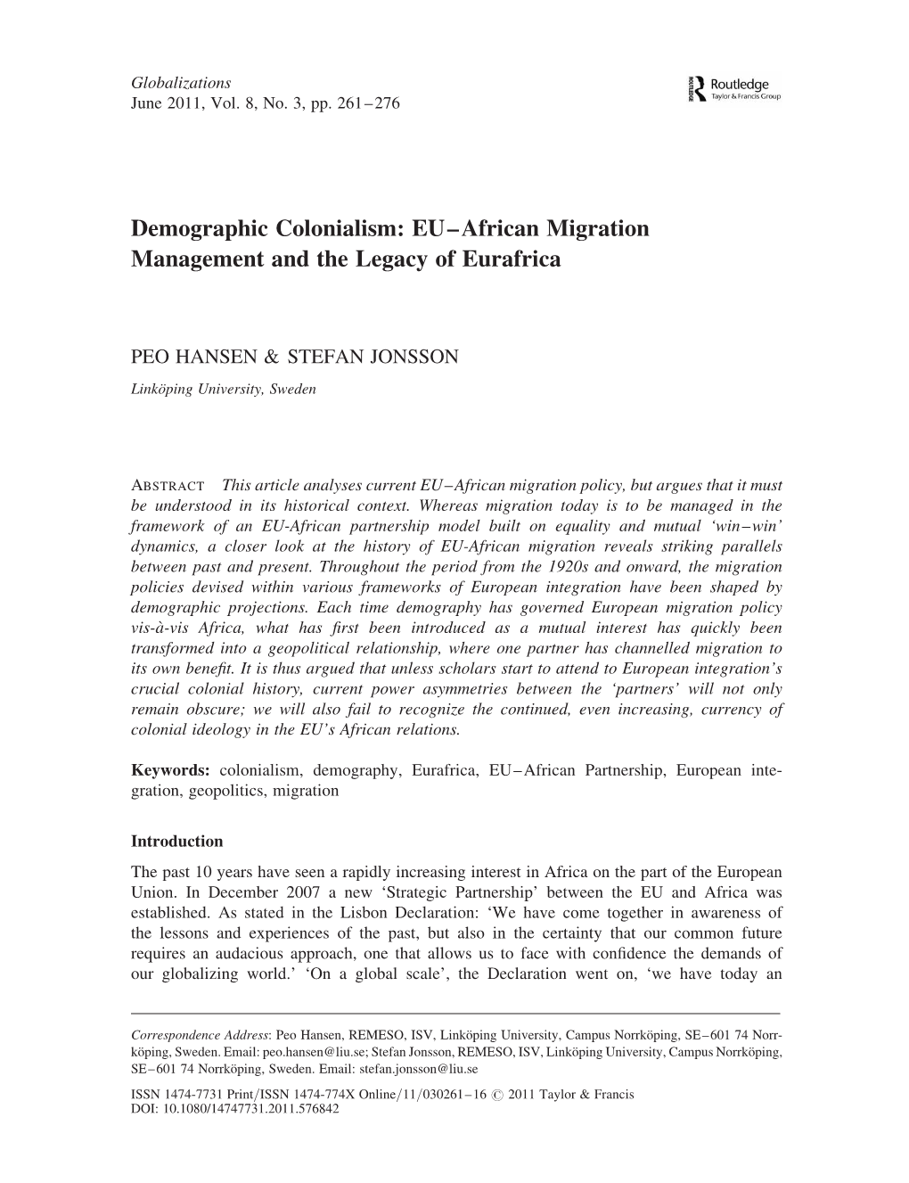 Demographic Colonialism: EU–African Migration Management and the Legacy of Eurafrica