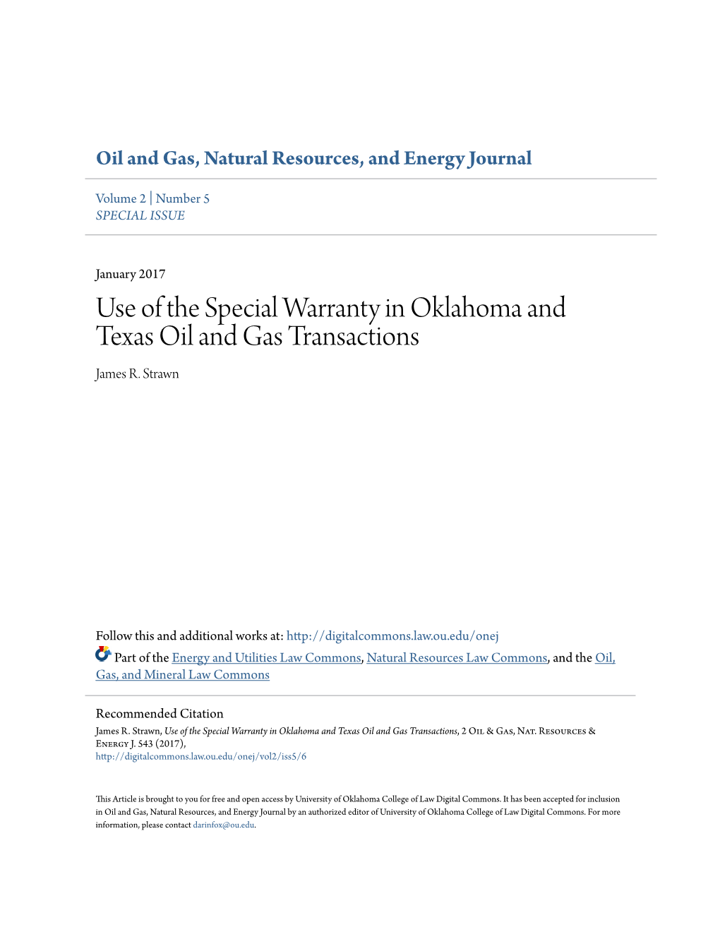 Use of the Special Warranty in Oklahoma and Texas Oil and Gas Transactions James R