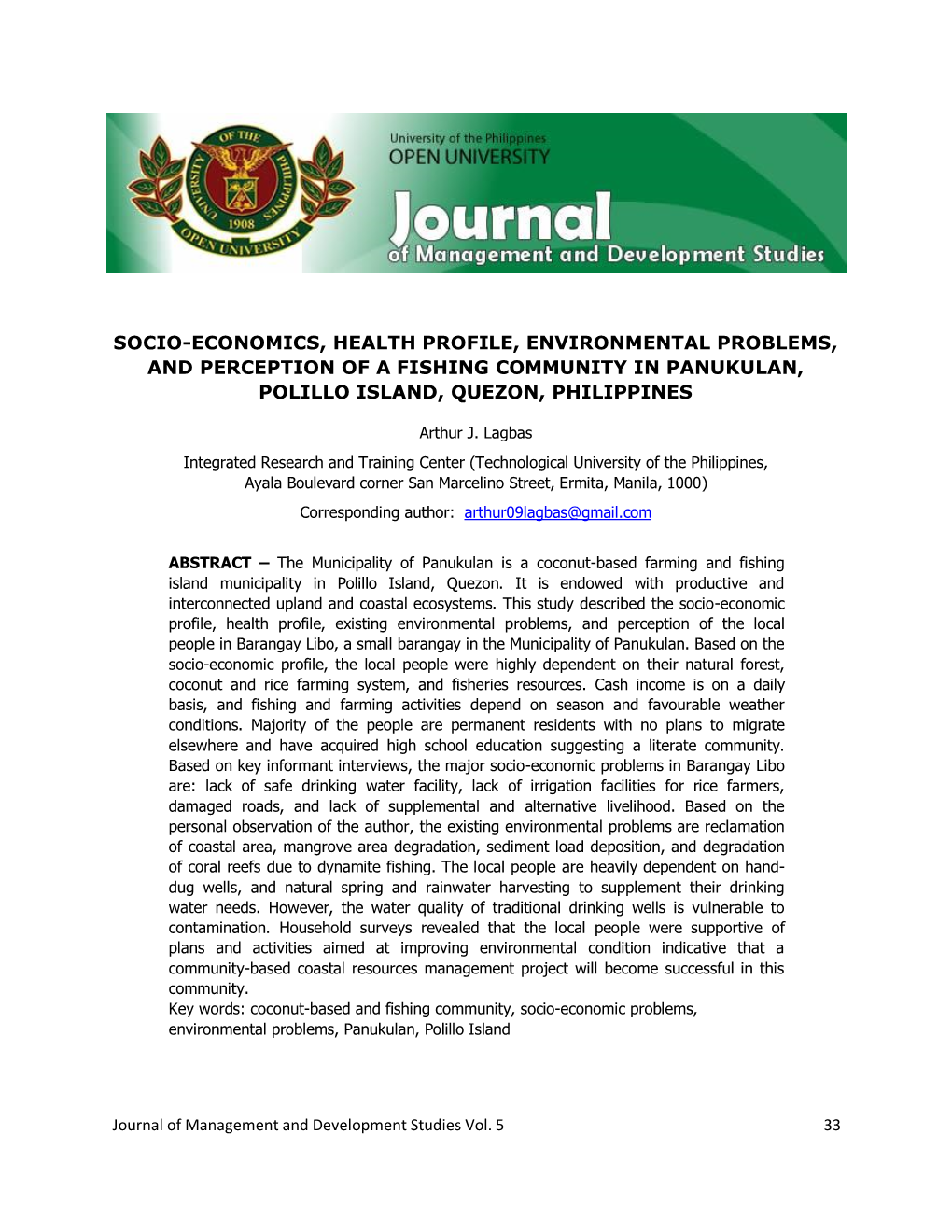 Socio-Economics, Health Profile, Environmental Problems, and Perception of a Fishing Community in Panukulan, Polillo Island, Quezon, Philippines