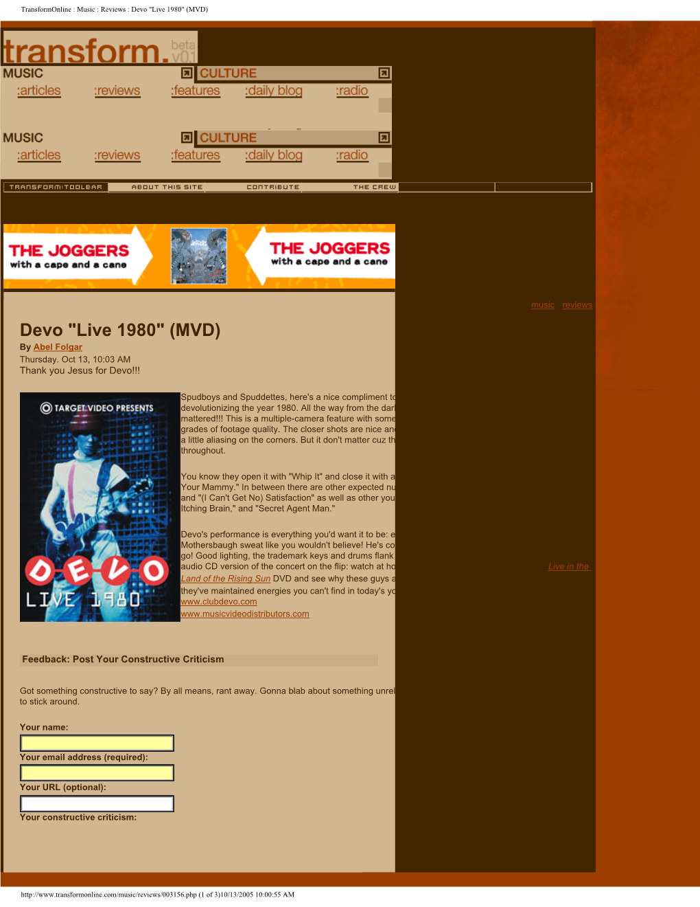 Transformonline : Music : Reviews : Devo "Live 1980" (MVD)
