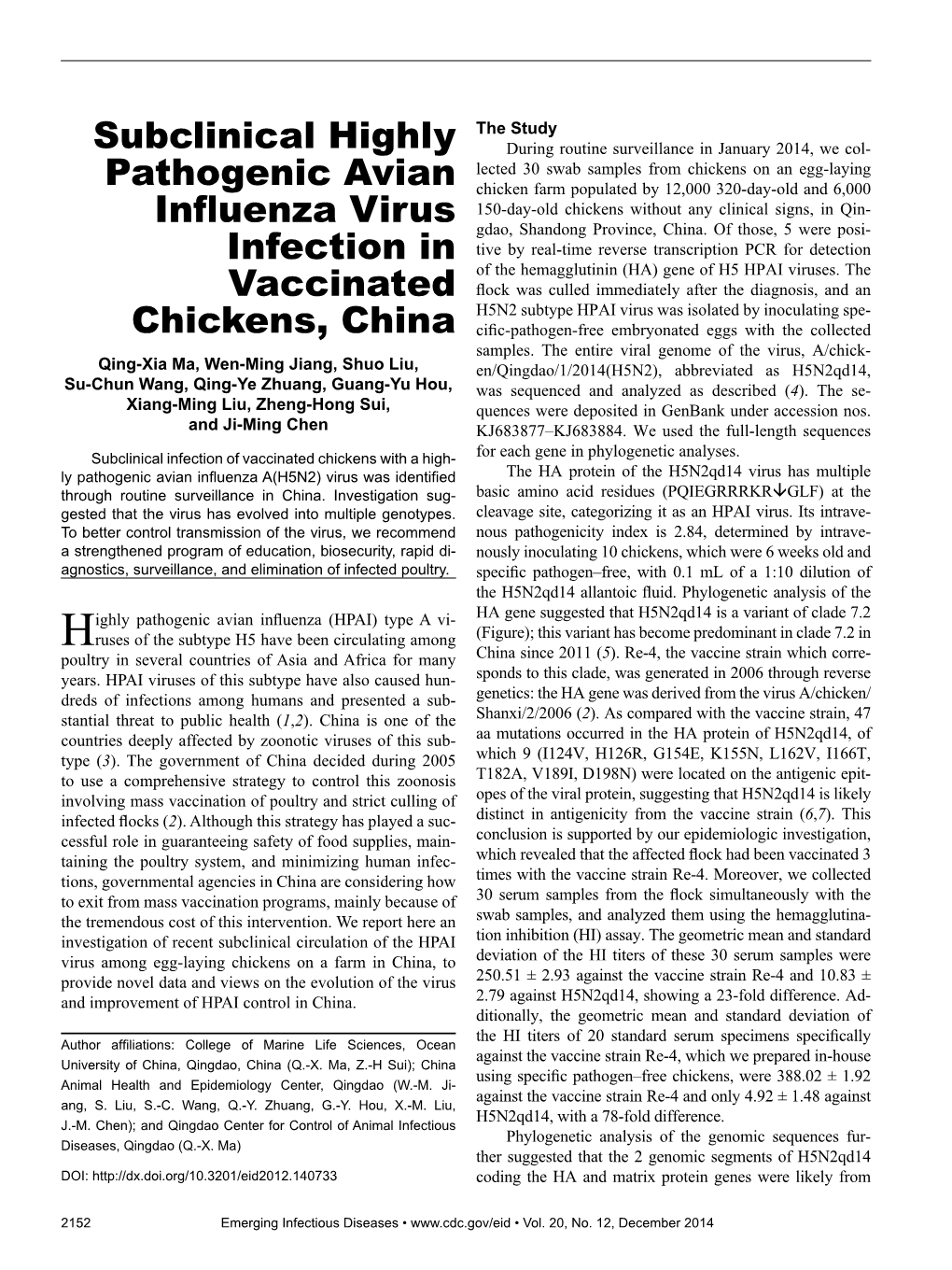 Subclinical Highly Pathogenic Avian Influenza Virus Infection In