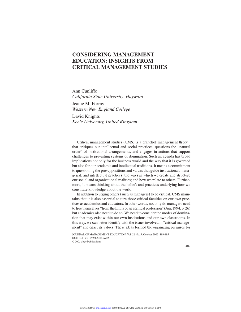 Considering Management Education: Insights from Critical Management Studies