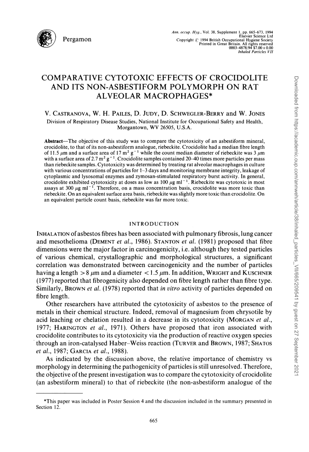 Comparative Cytotoxic Effects of Crocidolite And