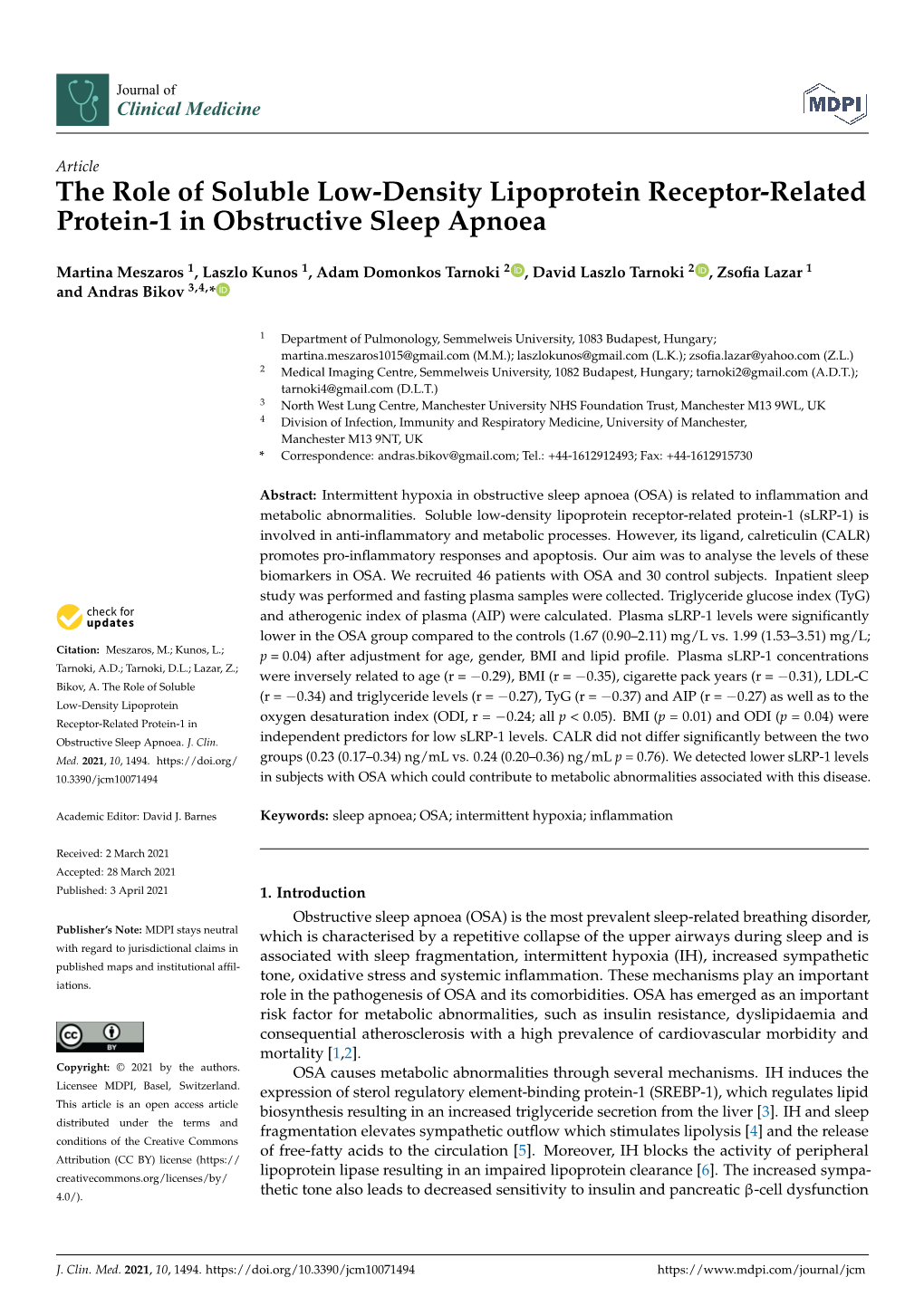 The Role of Soluble Low-Density Lipoprotein Receptor-Related Protein-1 in Obstructive Sleep Apnoea