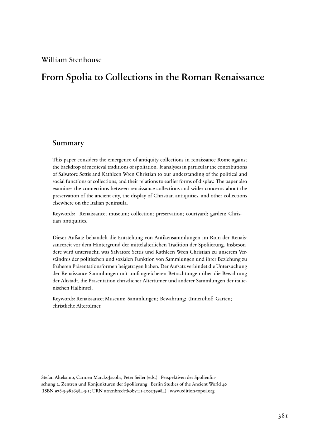 From Spolia to Collections in the Roman Renaissance