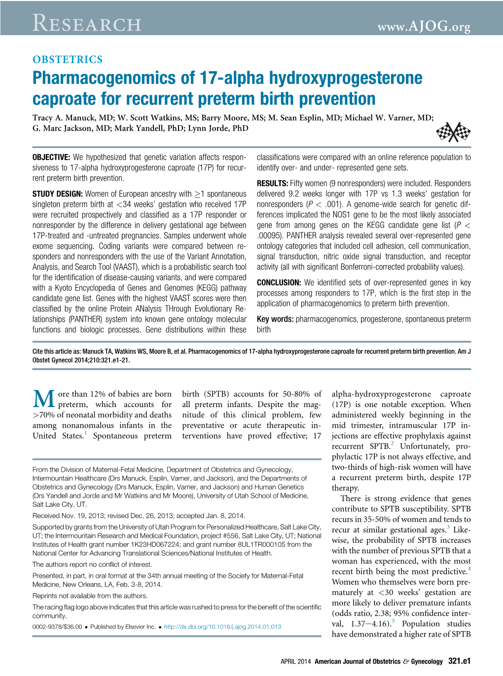 Pharmacogenomics of 17-Alpha Hydroxyprogesterone Caproate for Recurrent Preterm Birth Prevention Tracy A