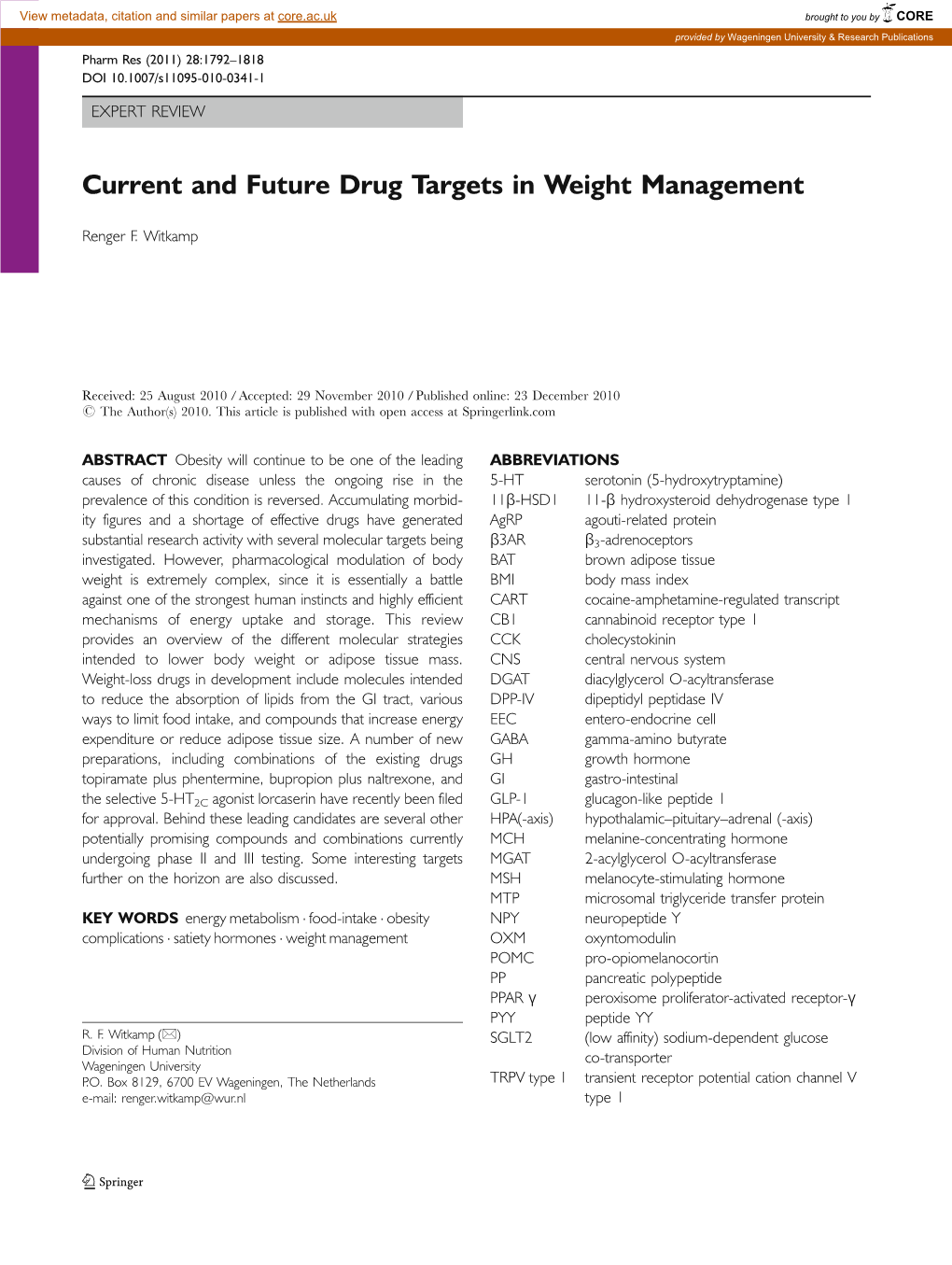 Current and Future Drug Targets in Weight Management