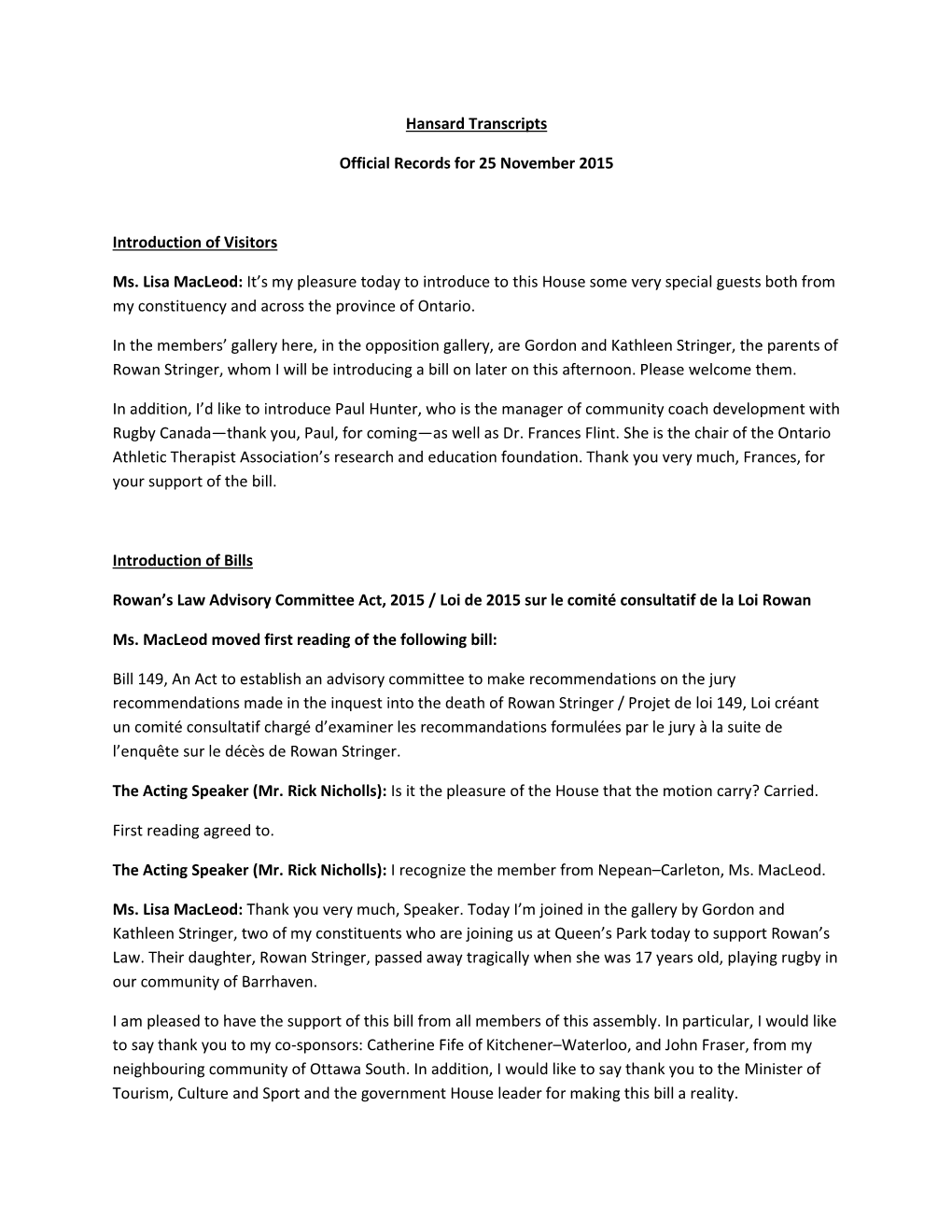 Hansard Transcripts Official Records for 25 November 2015 Introduction