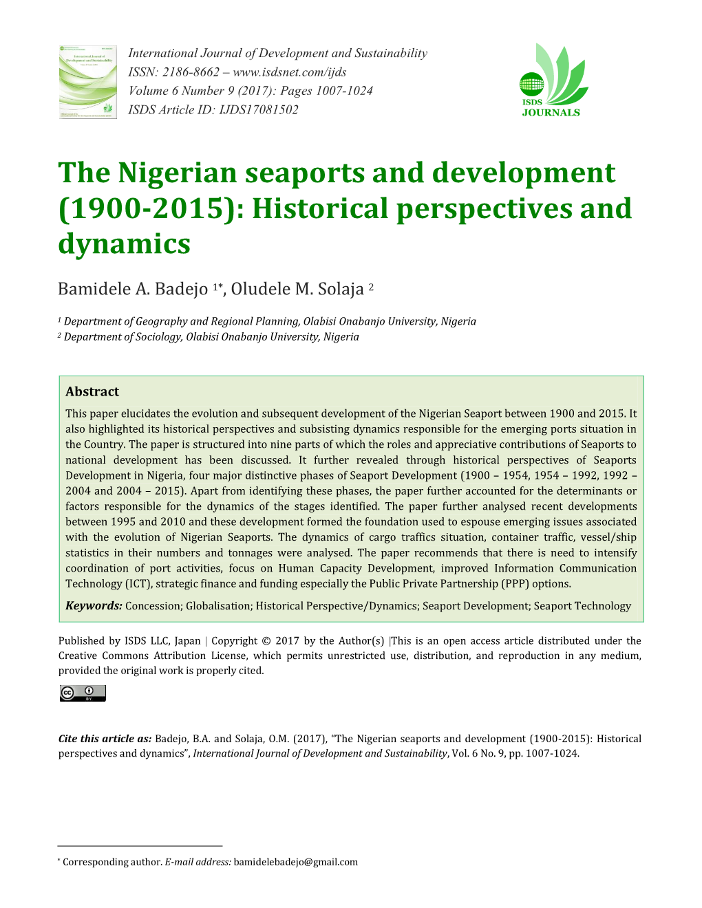 The Nigerian Seaports and Development (1900-2015): Historical Perspectives and Dynamics