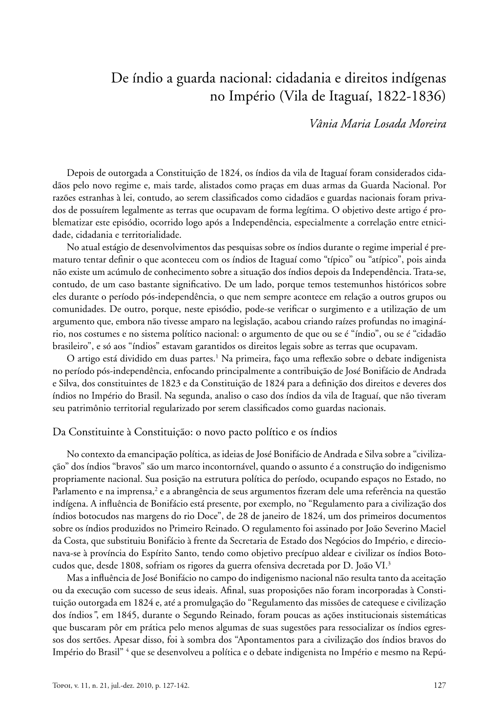 Cidadania E Direitos Indígenas No Império (Vila De Itaguaí, 1822-1836)