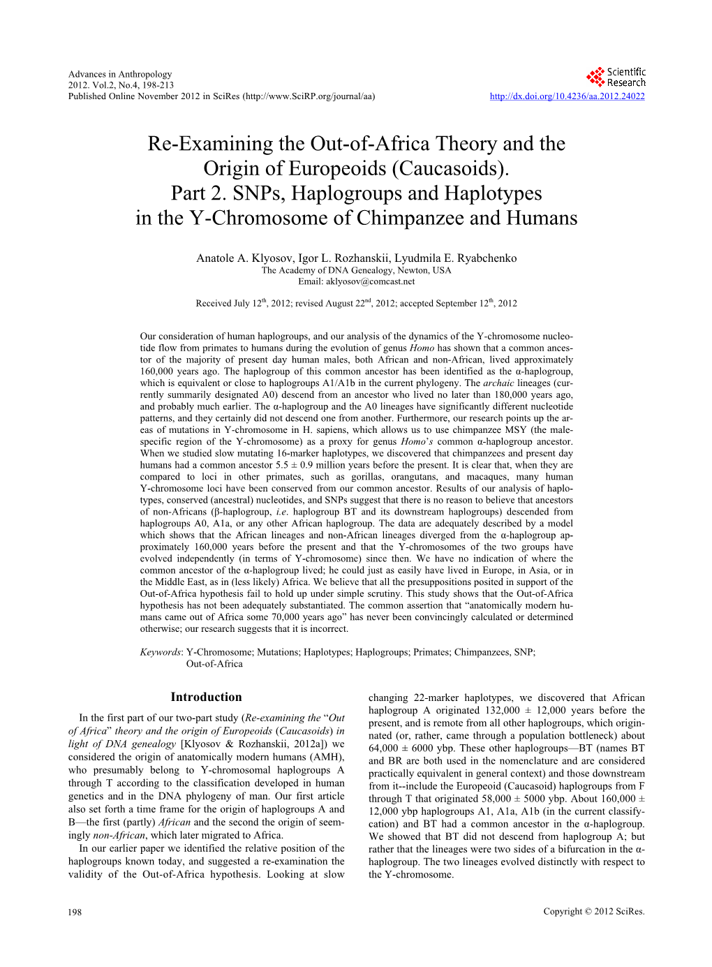 Re-Examining the Out-Of-Africa Theory and the Origin of Europeoids (Caucasoids)