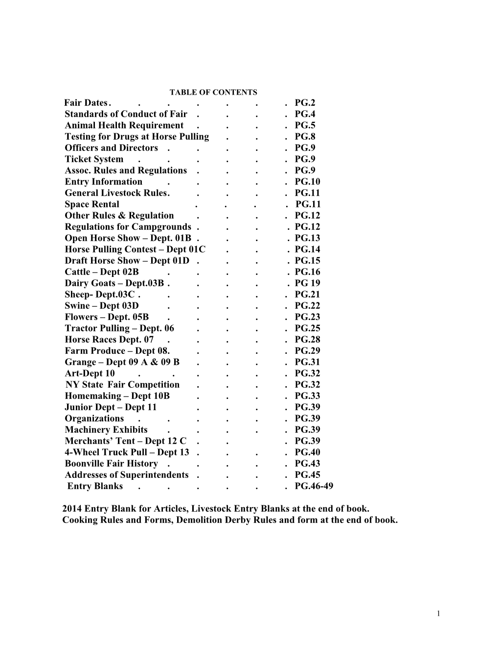 TABLE of CONTENTS Fair Dates