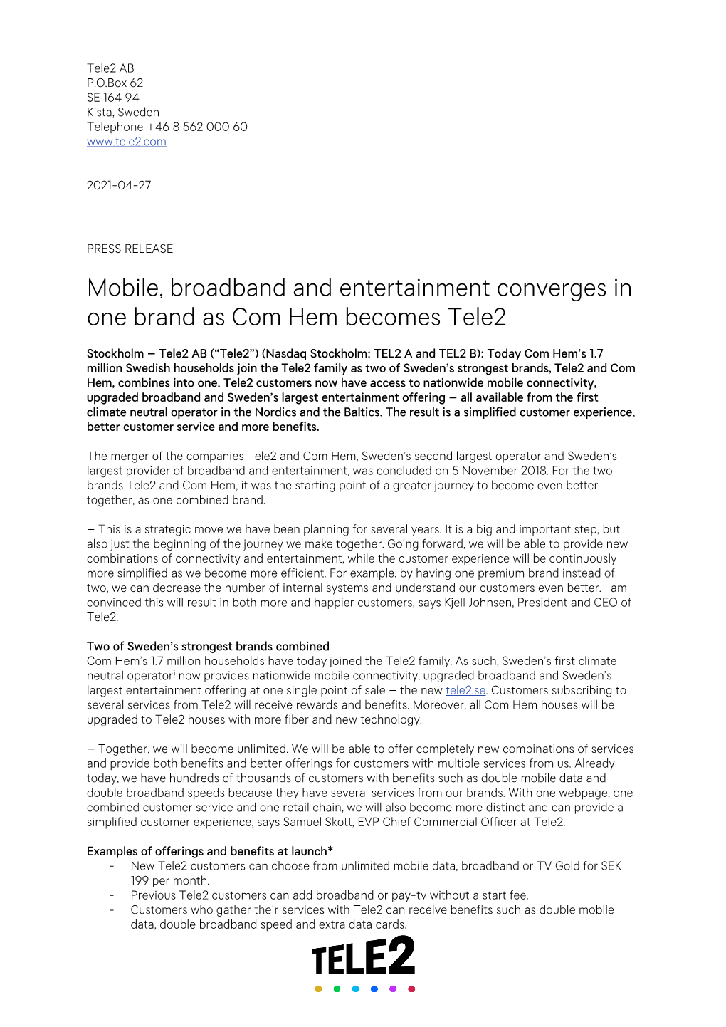 Mobile, Broadband and Entertainment Converges in One Brand As Com Hem Becomes Tele2