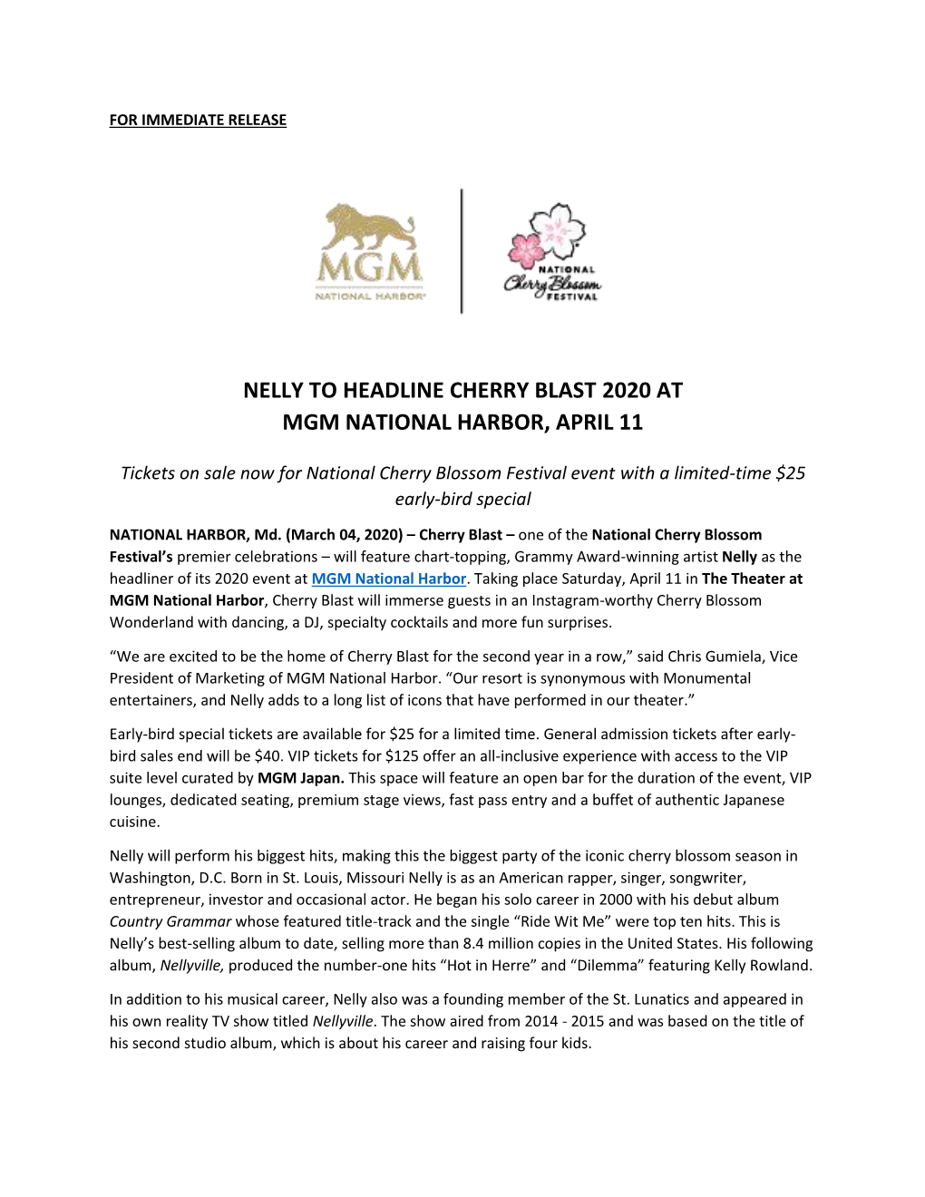 Nelly to Headline Cherry Blast 2020 at Mgm National Harbor, April 11