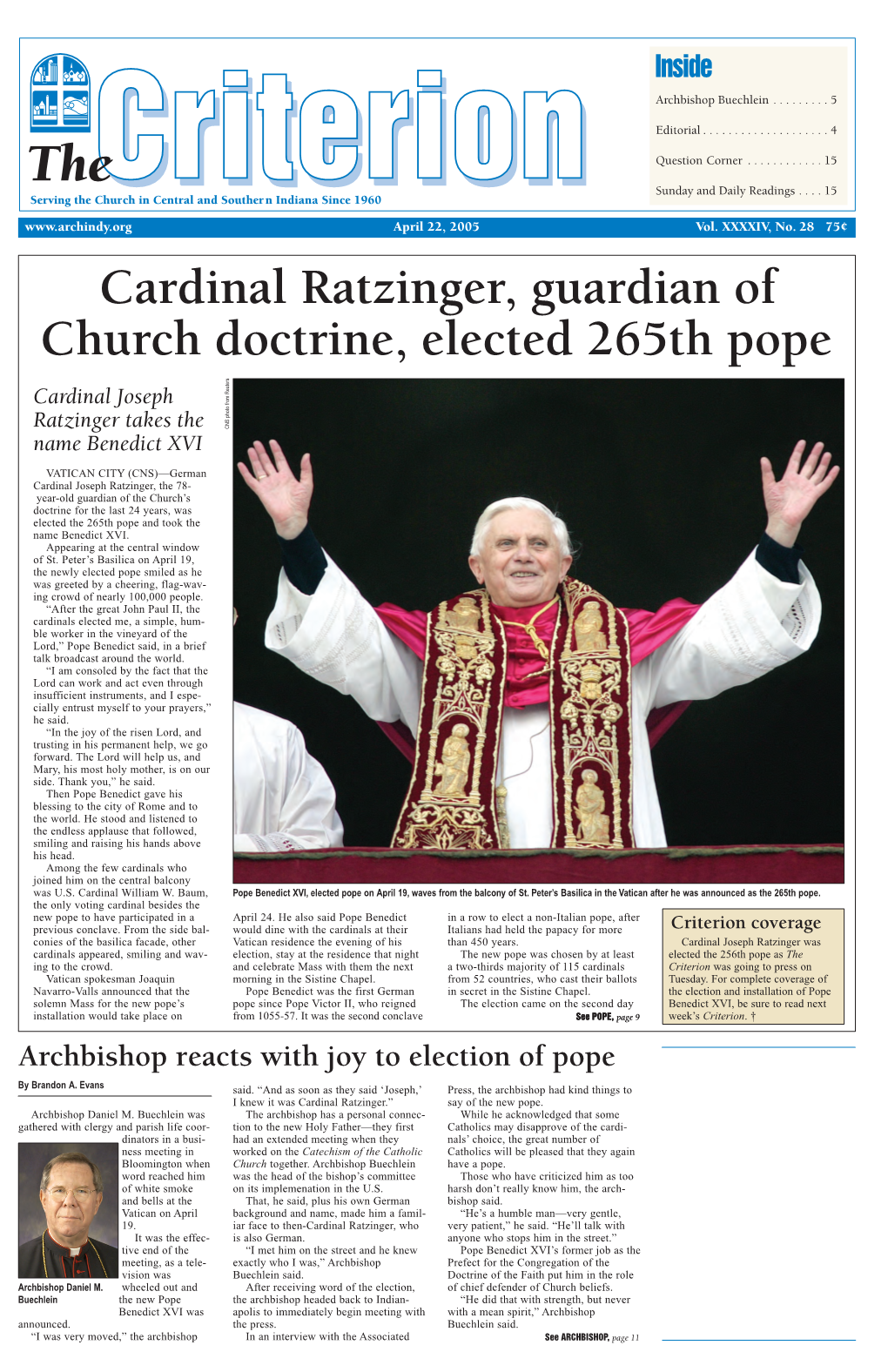 Cardinal Ratzinger, Guardian of Church Doctrine, Elected 265Th Pope Cardinal Joseph