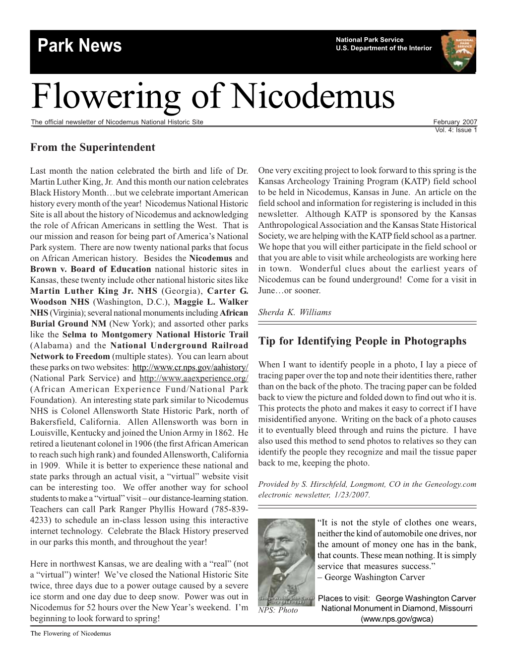 Flowering of Nicodemus the Official Newsletter of Nicodemus National Historic Site February 2007 Vol