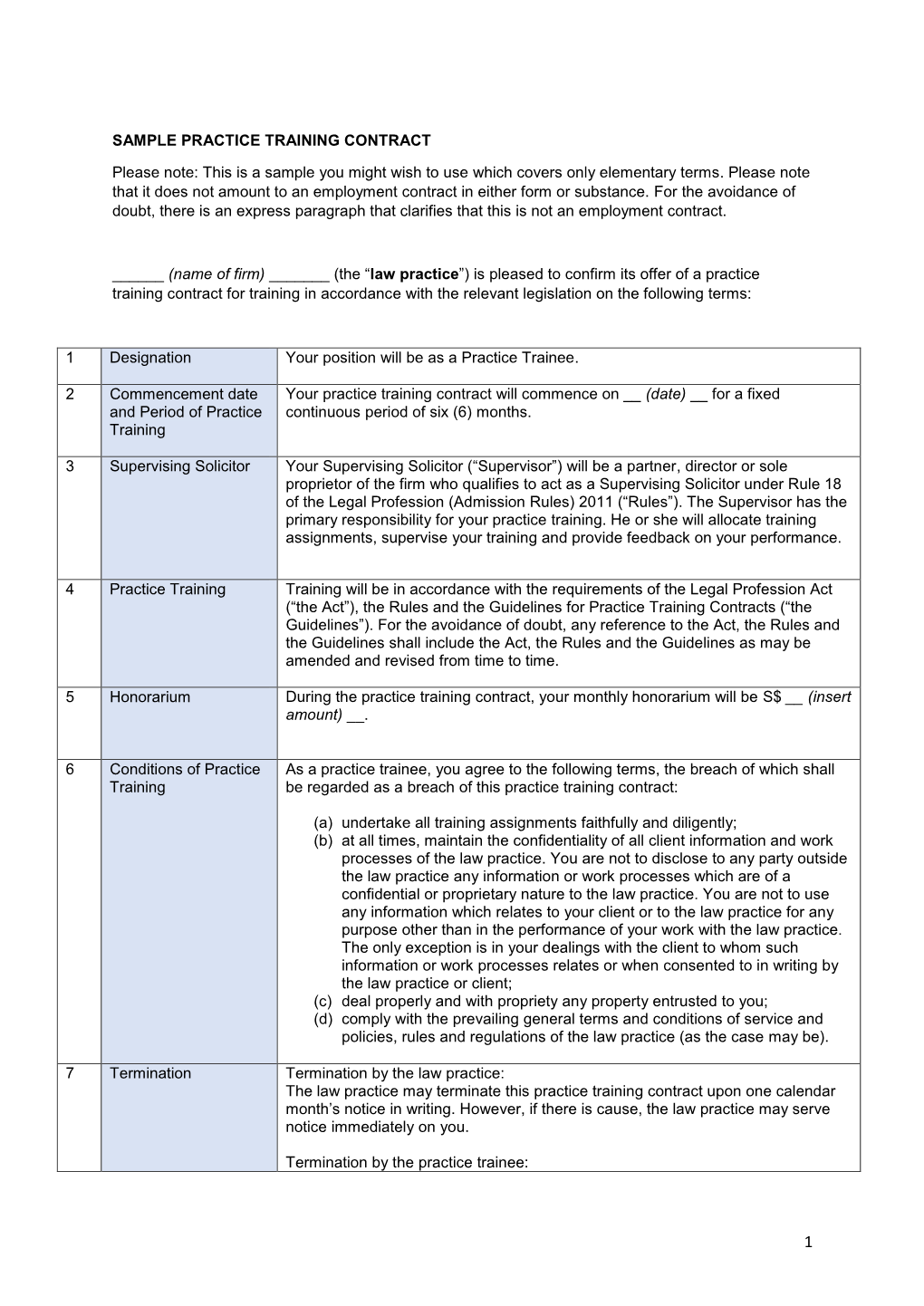 SAMPLE PRACTICE TRAINING CONTRACT Please Note: This Is A