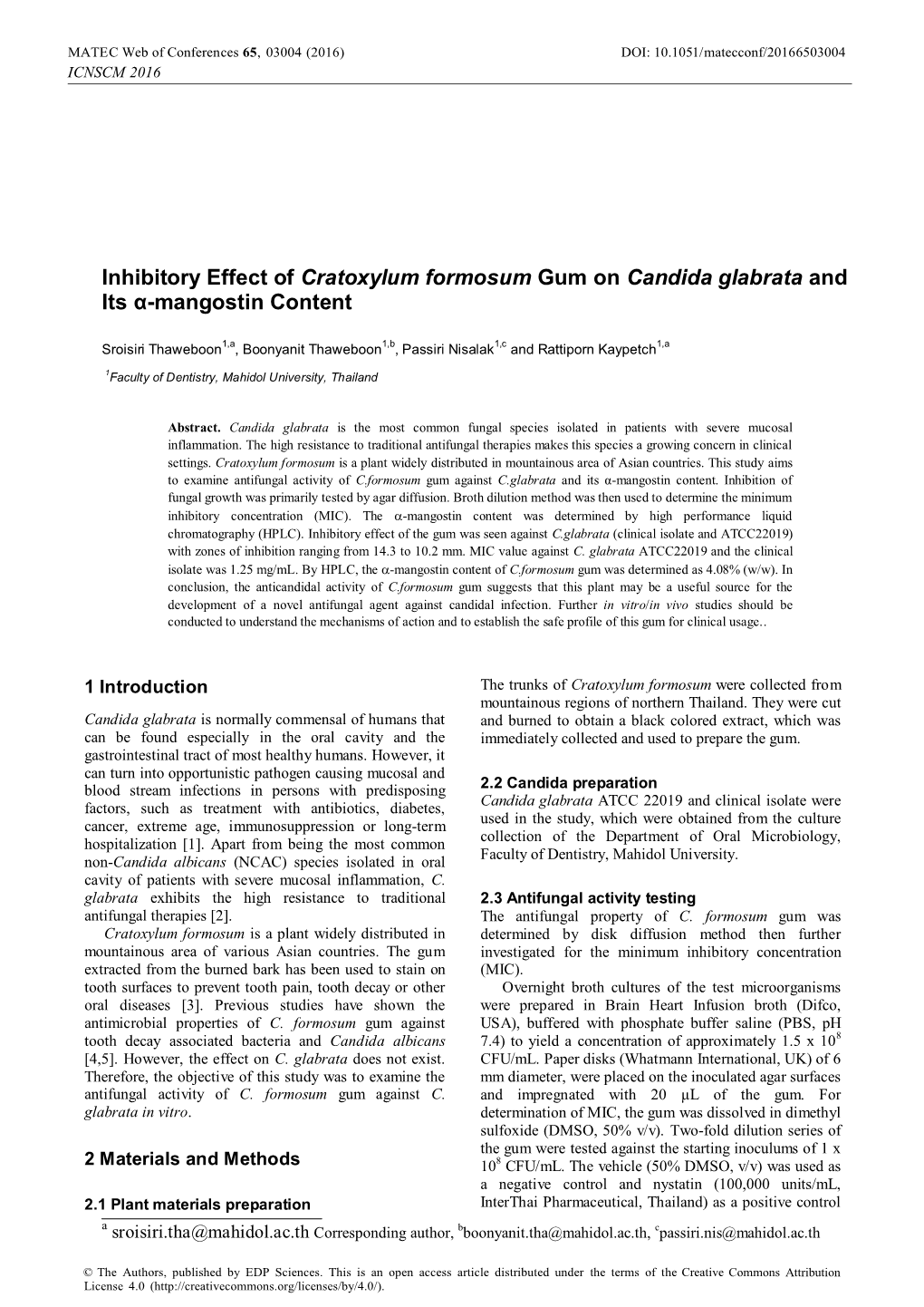 Inhibitory Effect of Cratoxylum Formosum Gum on Candida Glabrata and Its Α-Mangostin Content