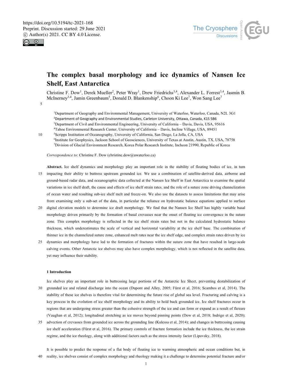 The Complex Basal Morphology and Ice Dynamics of Nansen Ice Shelf, East Antarctica Christine F