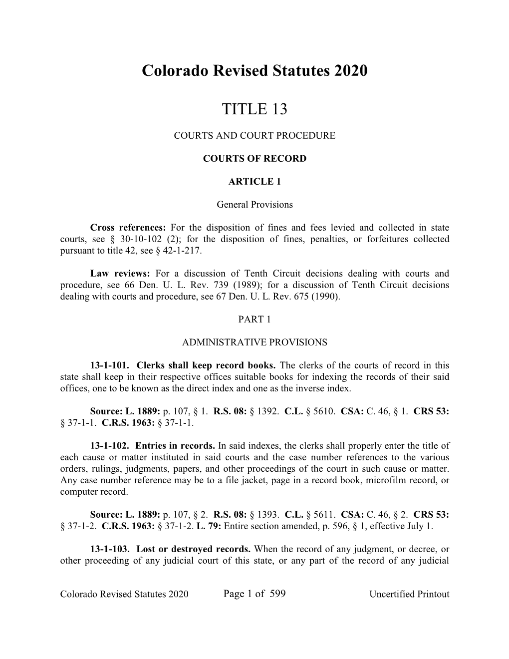 Colorado Revised Statutes 2020 TITLE 13