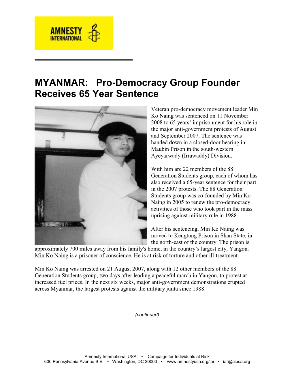 MYANMAR: Pro-Democracy Group Founder Receives 65 Year Sentence