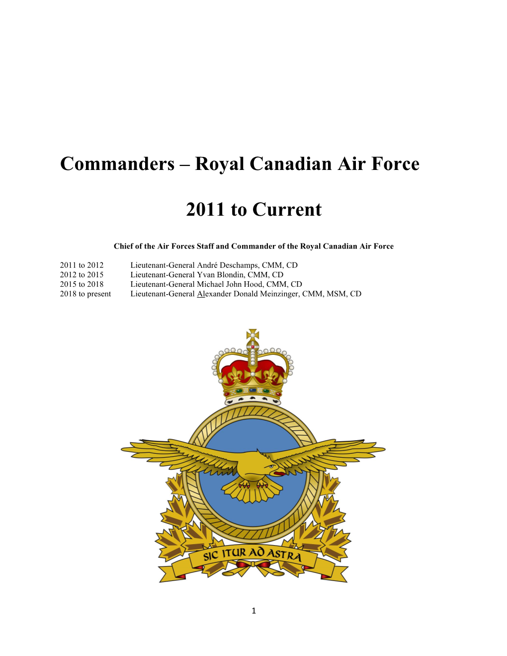 Commanders – Royal Canadian Air Force 2011 to Current