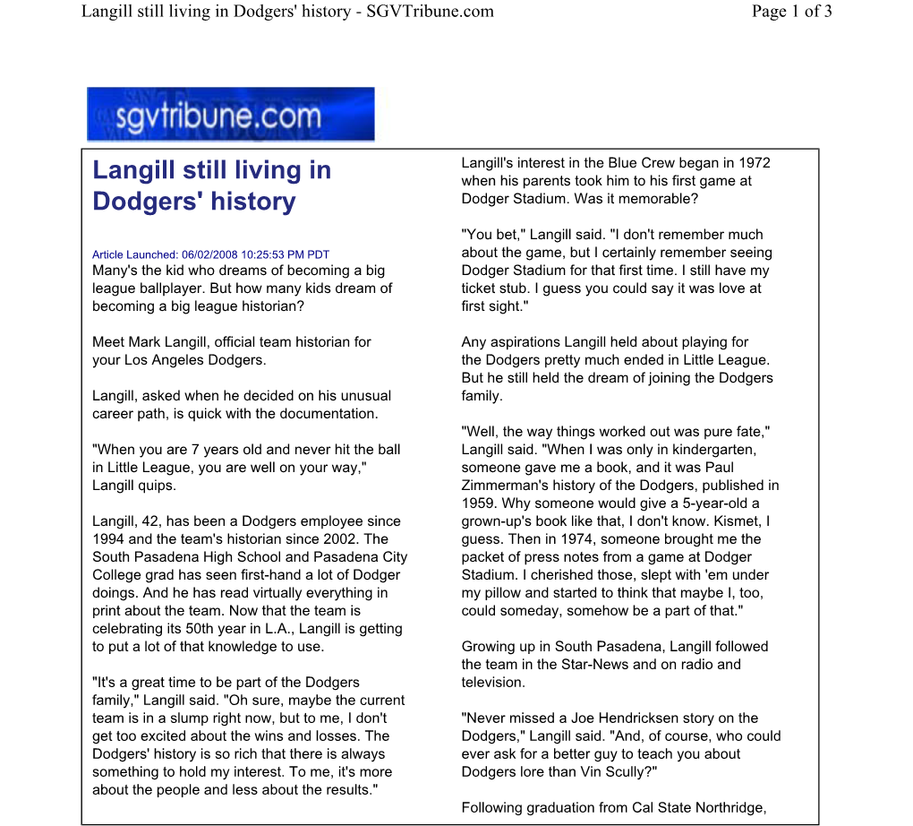 Langill Still Living in Dodgers' History - Sgvtribune.Com Page 1 of 3