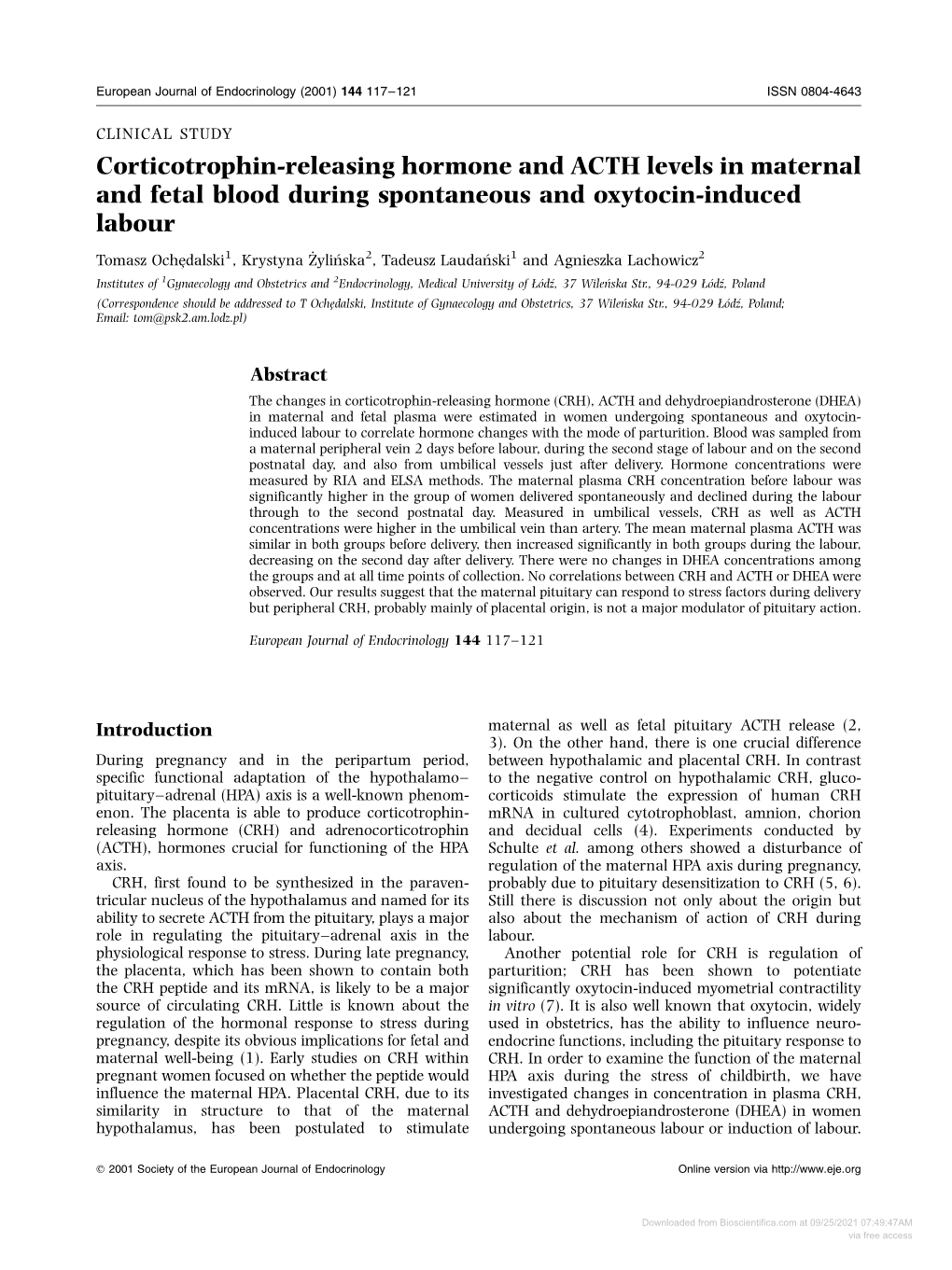 Corticotrophin-Releasing Hormone and ACTH Levels in Maternal and Fetal