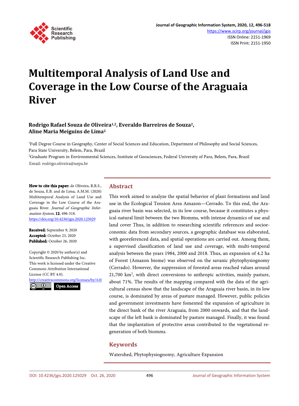 Multitemporal Analysis of Land Use and Coverage in the Low Course of the Araguaia River