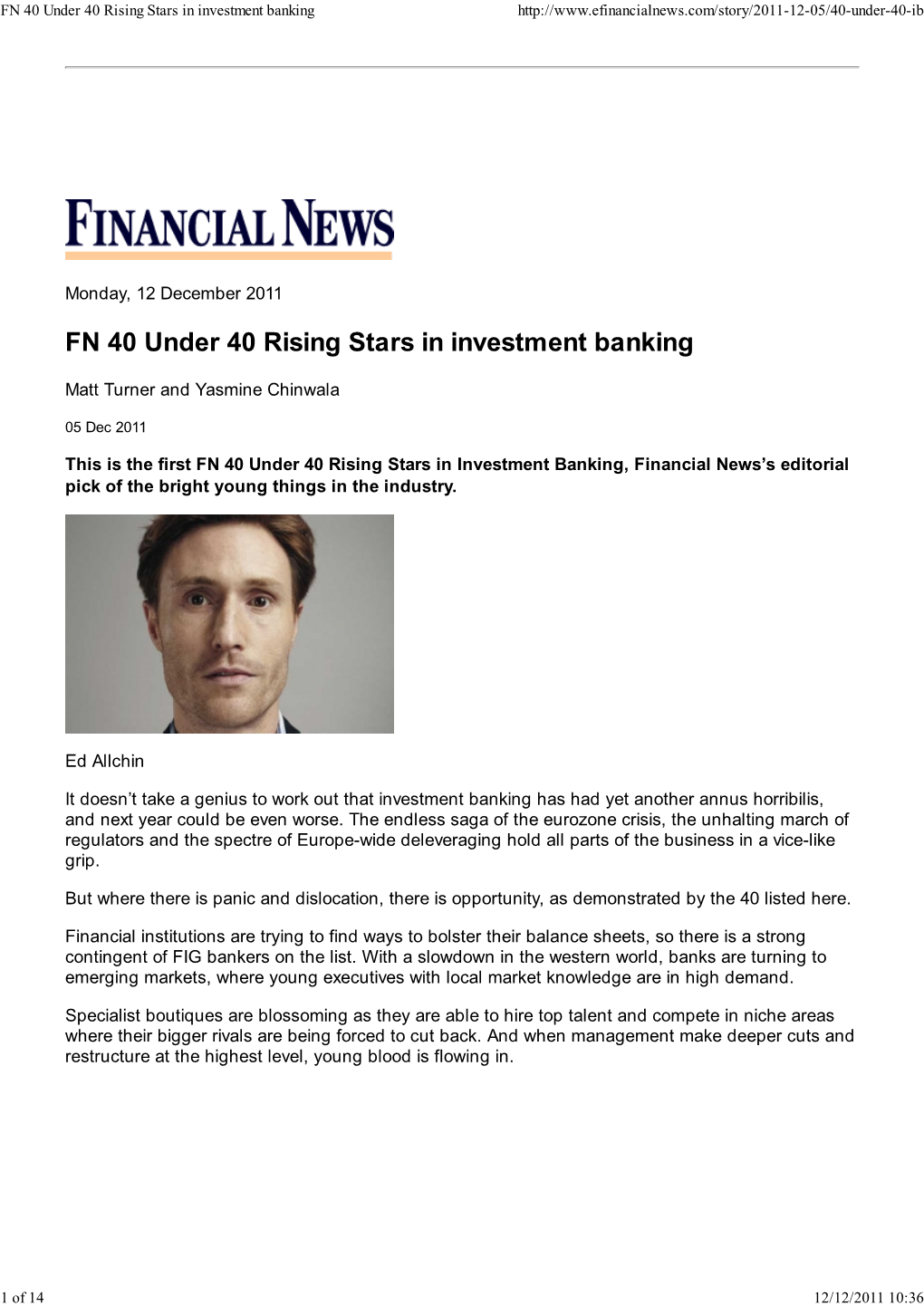 Financial News – FN 40 Under 40 Rising Stars in Investment Banking