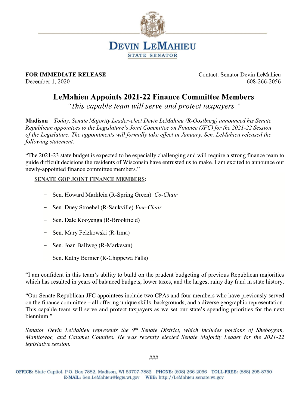 Lemahieu Appoints 2021-22 Finance Committee Members “This Capable Team Will Serve and Protect Taxpayers.”