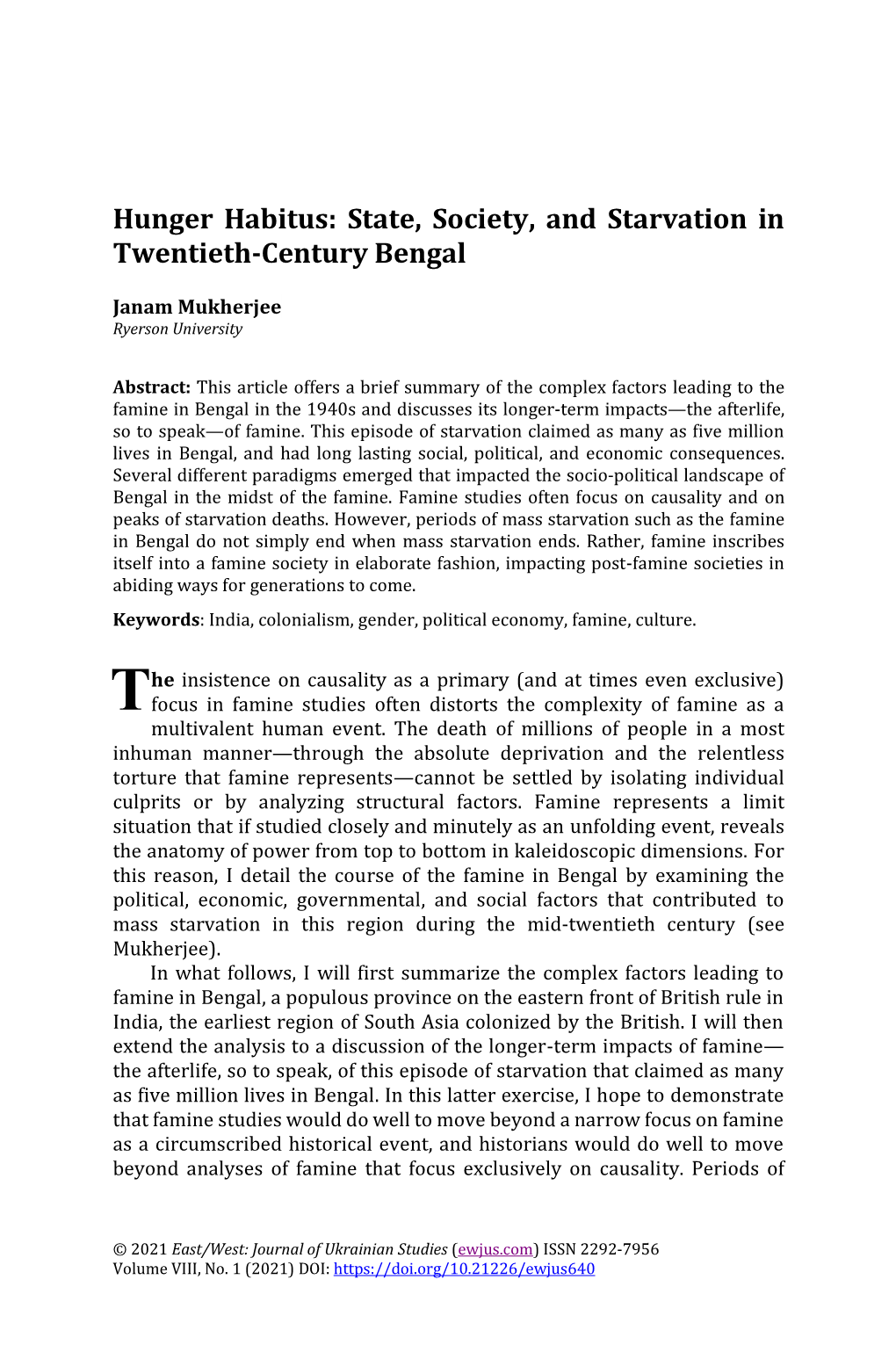 State, Society, and Starvation in Twentieth-Century Bengal, EWJUS, Vol. 8, No. 1, 2021