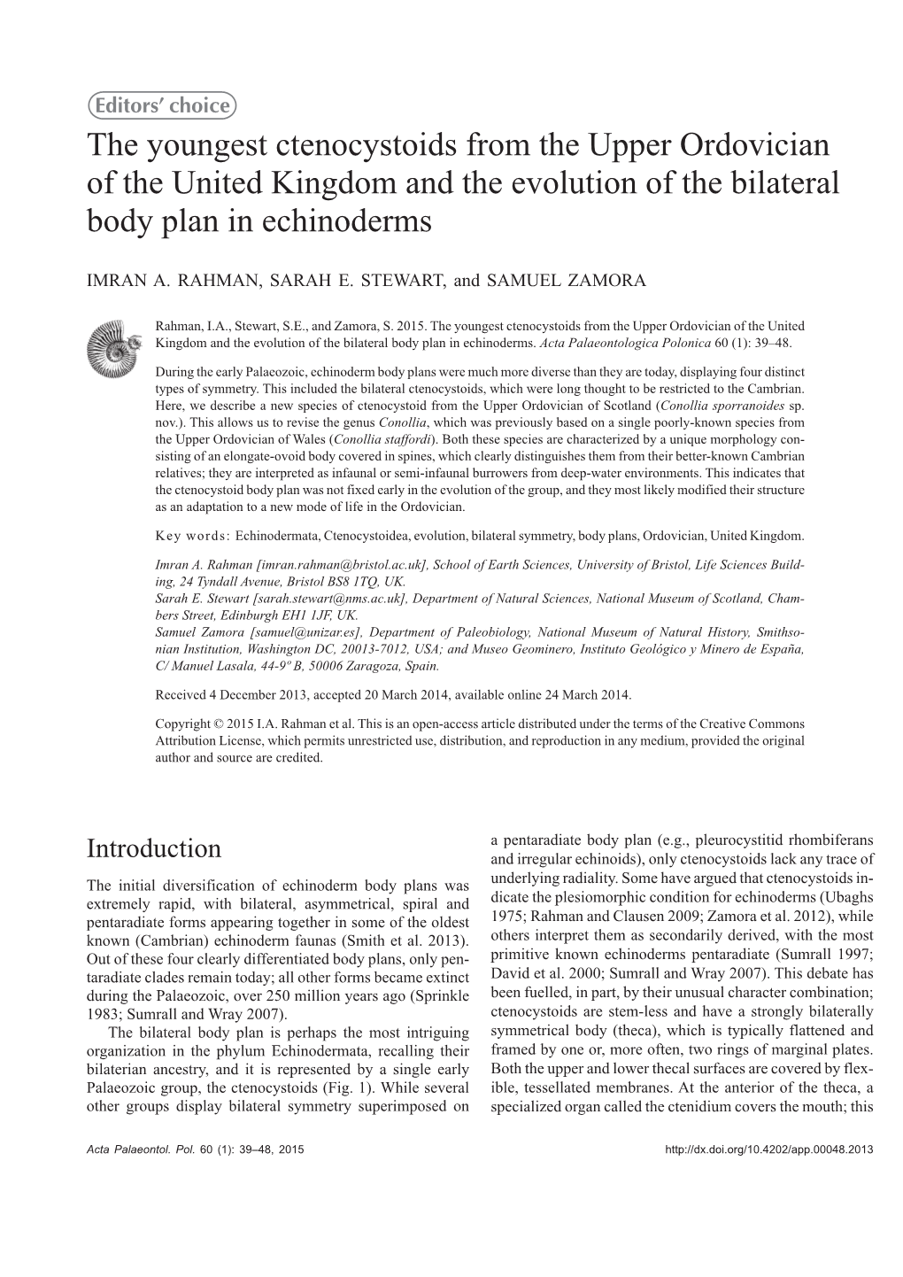 The Youngest Ctenocystoids from the Upper Ordovician of the United Kingdom and the Evolution of the Bilateral Body Plan in Echinoderms