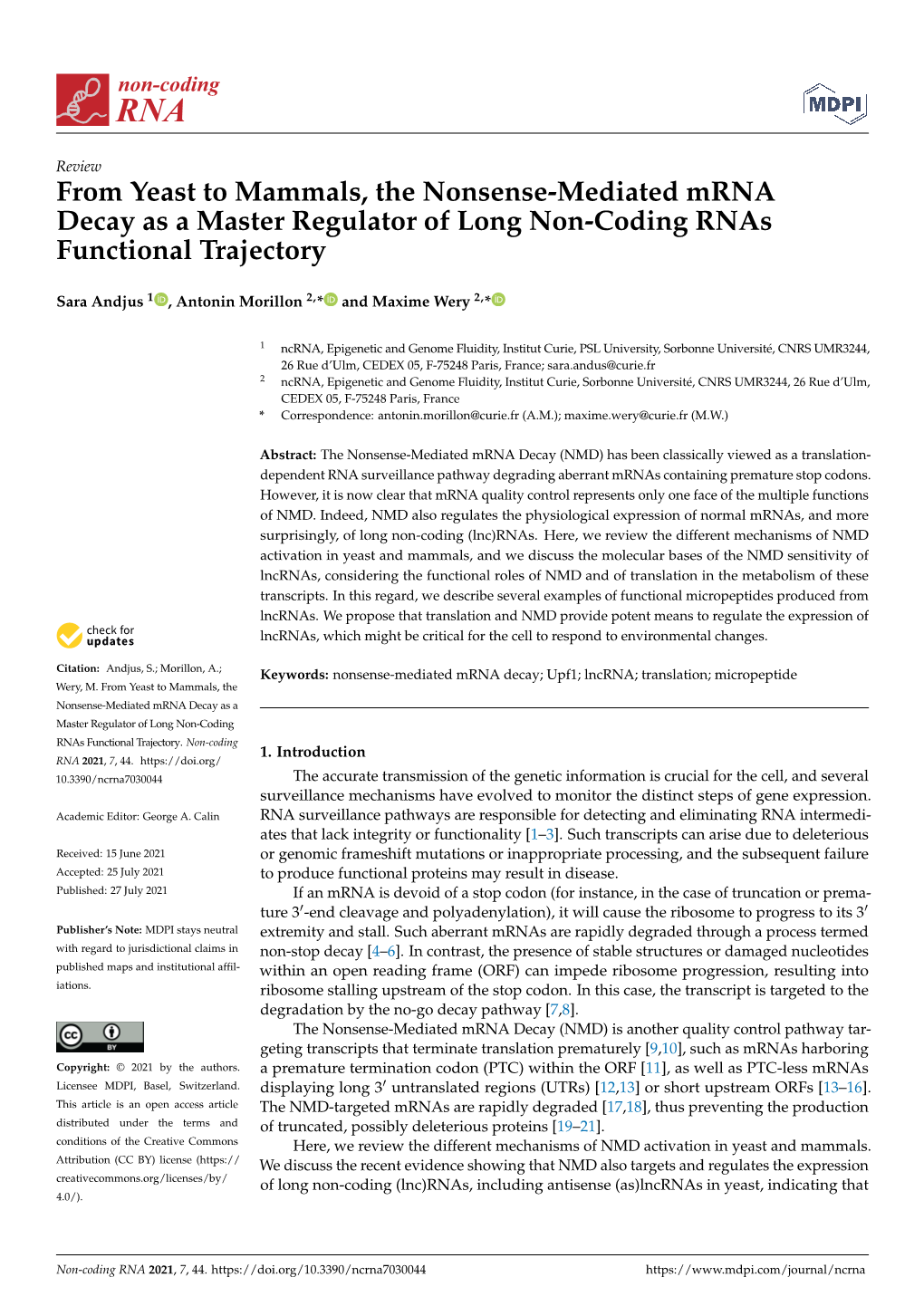 From Yeast to Mammals, the Nonsense-Mediated Mrna Decay As a Master Regulator of Long Non-Coding Rnas Functional Trajectory