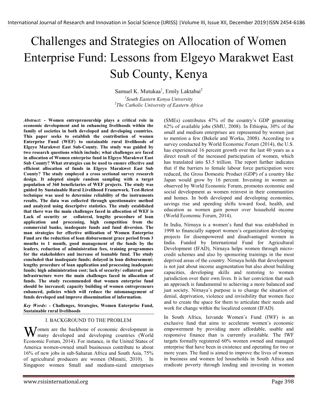 Challenges and Strategies on Allocation of Women Enterprise Fund: Lessons from Elgeyo Marakwet East Sub County, Kenya