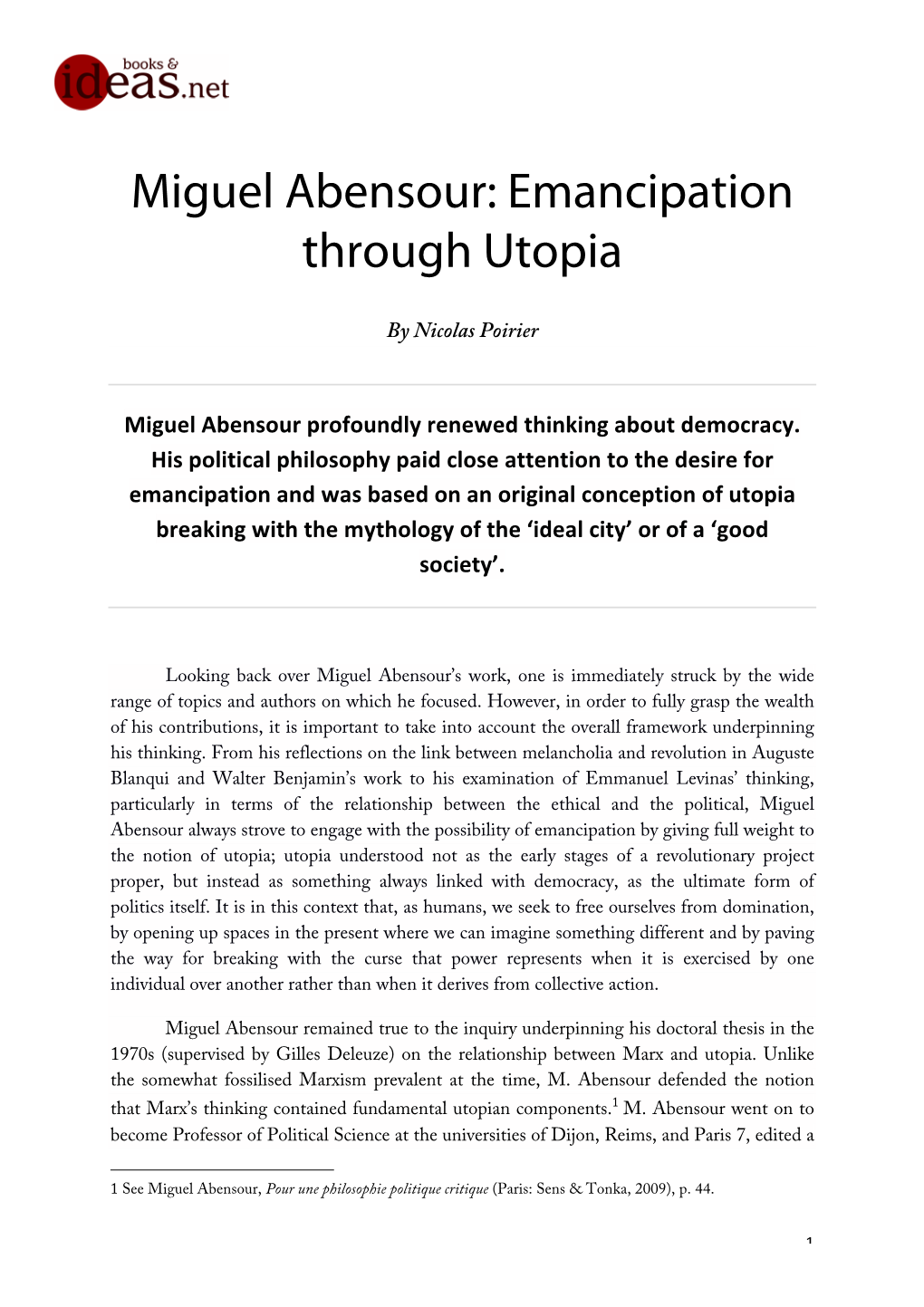 Miguel Abensour: Emancipation Through Utopia