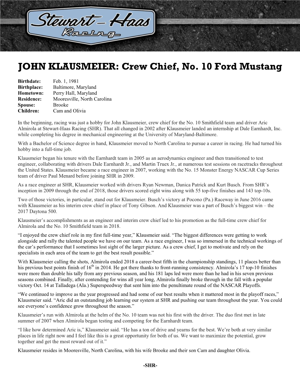 JOHN KLAUSMEIER: Crew Chief, No. 10 Ford Mustang