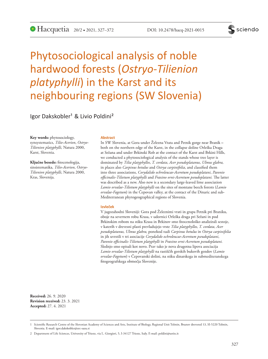 Phytosociological Analysis of Noble Hardwood Forests (Ostryo-Tilienion Platyphylli) in the Karst and Its Neighbouring Regions (SW Slovenia)