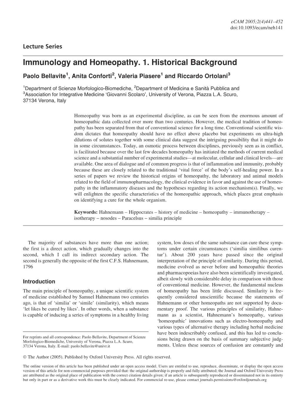 Immunology and Homeopathy. 1. Historical Background