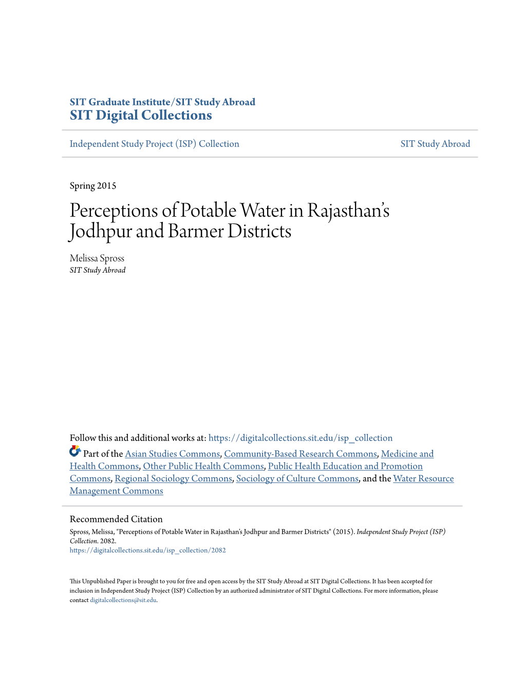 Perceptions of Potable Water in Rajasthan's Jodhpur and Barmer Districts