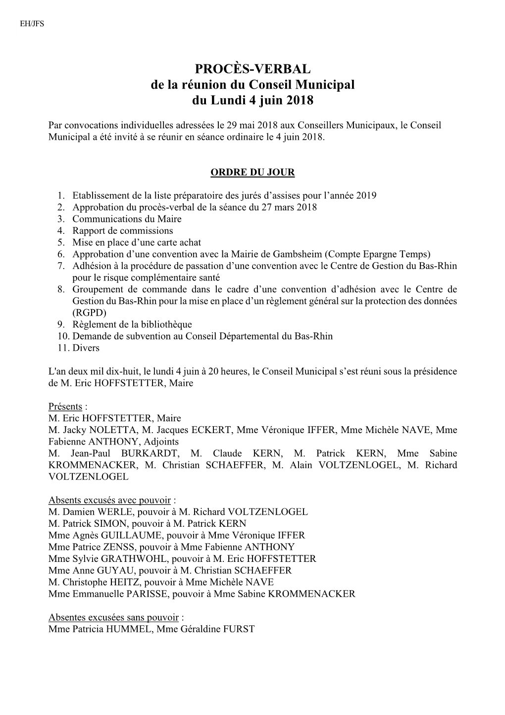 PROCÈS-VERBAL De La Réunion Du Conseil Municipal Du Lundi 4 Juin 2018