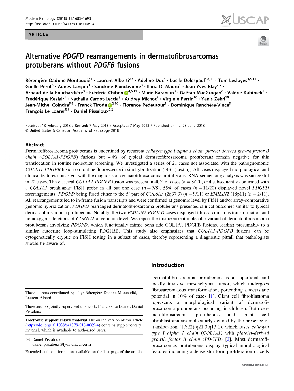 Alternative PDGFD Rearrangements in Dermatofibrosarcomas Protuberans